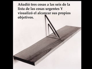 Añadió tres cosas a las seis de la lista de las cosas urgentes  Y visualizó el alcanzar sus propios objetivos.  