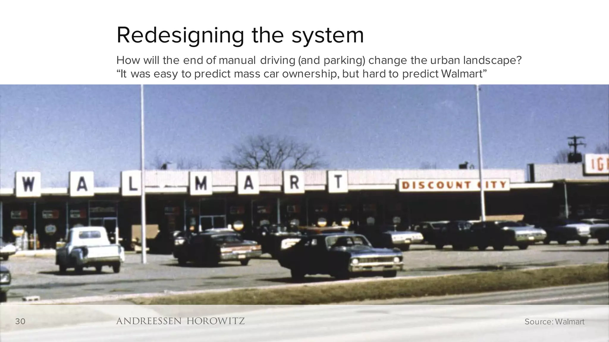30
Redesigning the system
How will the end of manual driving (and parking) change the urban landscape?
“It was easy to predict mass car ownership, but hard to predict Walmart”
30 Source: Walmart
 