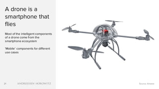 21
A drone is a
smartphone that
flies
Most of the intelligent components
of a drone come from the
smartphone ecosystem
‘Mobile’ components for different
use cases
Source: Airware21
 