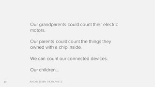 23
Our grandparents could count their electric
motors.
Our parents could count the things they
owned with a chip inside.
We can count our connected devices.
Our children…
 