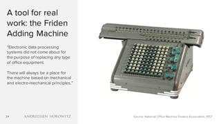 34
A tool for real
work: the Friden
Adding Machine
“Electronic data processing
systems did not come about for
the purpose of replacing any type
of office equipment.
There will always be a place for
the machine based on mechanical
and electro-mechanical principles.”
Source: National Office Machine Dealers Association, 1957
 