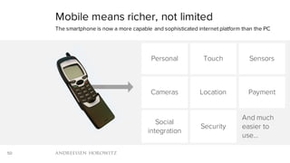 50
Mobile means richer, not limited
The smartphone is now a more capable and sophisticated internet platform than the PC
Personal Touch Sensors
Cameras Location Payment
Social
integration
Security
And much
easier to
use…
 