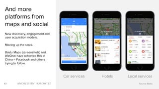 63
And more
platforms from
maps and social
New discovery, engagement and
user acquisition models.
Moving up the stack.
Baidu Maps (screenshots) and
WeChat have achieved this in
China – Facebook and others
trying to follow.
Car services Hotels Local services
Source: Baidu
 