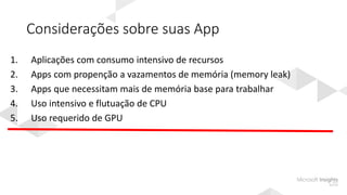 Considerações sobre suas App
1. Aplicações com consumo intensivo de recursos
2. Apps com propenção a vazamentos de memória (memory leak)
3. Apps que necessitam mais de memória base para trabalhar
4. Uso intensivo e flutuação de CPU
5. Uso requerido de GPU
 