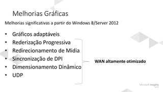 Melhorias Gráficas
Melhorias significativas a partir do Windows 8/Server 2012
• Gráficos adaptáveis
• Rederização Progressiva
• Redirecionamento de Midia
• Sincronização de DPI
• Dimensionamento Dinâmico
• UDP
 