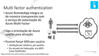 Multi factor authentication
• Azure RemoteApp integra-se
de maneira transparente com
o serviço de autorização do
Azure Multi-Factor
• Siga a orientação de Azure
padrão para ativação
• Possível forçar MFA por usuário
• Validação por telefone, por padrão
• Ou através de Federação, via ADFS
(caso habilitado)
https://msdn.microsoft.com/en-us/library/azure/dn249466.aspx
 