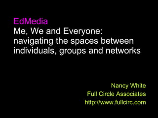 EdMedia Me, We and Everyone: navigating the spaces between individuals, groups and networks Nancy White Full Circle Associates http://www.fullcirc.com 