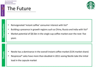 The Future
• Reinvigorated ‘instant coffee’ consumer interest with Via®
• Building a presence in growth regions such as China, Russia and India with Via®
• Market potential of $8.5bn in the single cup coffee market over the next five
years
• Nestle has a dominance in the overall instant coffee market (51% market share)
• Nespresso® sales have more than doubled in 2011 seeing Nestle take the initial
lead in the capsule market
 