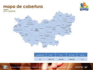 mapa de cobertura
EPTV CENTRAL
MARKETING
MUNICÍPIOS POP. DTV TEL. POT IPC %
42 1.887.774 640.032 1.865.281 1,16
 