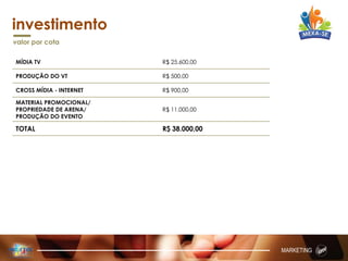 investimento
MÍDIA TV R$ 25.600,00
PRODUÇÃO DO VT R$ 500,00
CROSS MÍDIA - INTERNET R$ 900,00
MATERIAL PROMOCIONAL/
PROPRIEDADE DE ARENA/
PRODUÇÃO DO EVENTO
R$ 11.000,00
TOTAL R$ 38.000,00
valor por cota
MARKETING
 