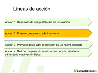 Líneas de acción Acción 4: Red de cooperación mexiquense para la orientación alimentaria y activación física Acción 1: Desarrollo de una plataforma de innovaci ón    Acción 2: Premio compromiso a la innovación   Acción 3: Proyecto piloto para la creación de un nuevo producto  