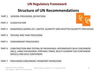 UN Regulatory Framework Captain M.P. Alan STEPHEN  Port Inspector -Mauritius Ports Authority MEXA Logistics Conference – 6 th  September 2010 Structure of UN Recommendations PART 1 GENERAL PROVISIONS, DEFINITIONS PART 2 CLASSIFICATION PART 3 DANGEROUS GOODS LIST, LIMITED  QUANTITY AND EXCEPTED QUANTITY PROVISIONS PART 4 PACKING AND TANK PROVISIONS PART 5 CONSIGNMENT PROCEDURES PART 6 CONSTRUCTION AND TESTING OF PACKAGINGS, INTERMEDIATE BULK CONTAINERS  (IBCs), LARGE PACKAGINGS, PORTABLE TANKS, MULITI-ELEMENT GAS CONTAINERS (MEGCs) AND BULK CONTAINERS PART 7 PROVISIONS CONCERNING TRANSPORT OPERATIONS 