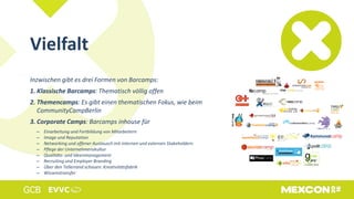 Vielfalt
Inzwischen gibt es drei Formen von Barcamps:
1. Klassische Barcamps: Thematisch völlig offen
2. Themencamps: Es gibt einen thematischen Fokus, wie beim
CommunityCampBerlin
3. Corporate Camps: Barcamps inhouse für
– Einarbeitung und Fortbildung von Mitarbeitern
– Image und Reputation
– Networking und offener Austausch mit internen und externen Stakeholdern
– Pflege der Unternehmenskultur
– Qualitäts- und Ideenmanagement
– Recruiting und Employer Branding
– Über den Tellerrand schauen: Kreativitätsfabrik
– Wissenstransfer
 