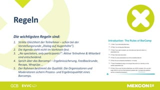 Regeln
Die wichtigsten Regeln sind:
1. Strikte Gleichheit der Teilnehmer – schon bei der
Vorstellungsrunde „Dialog auf Augenhöhe“).
2. Die Agenda steht nicht im Vorhinein fest.
3. „No spectators, only participants!“: Aktive Teilnahme & Mitarbeit
sind entscheidend.
4. Sprich über das Barcamp! – Ergebnissicherung, Feedbackrunde,
Recaps, WrapUps …
5. Der Rahmen bestimmt die Qualität: Die Organisatoren und
Moderatoren sichern Prozess- und Ergebnisqualität eines
Barcamps.
 