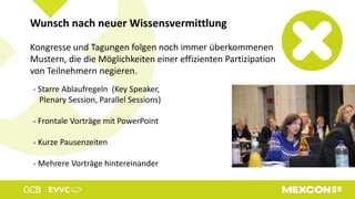 Kongresse und Tagungen folgen noch immer überkommenen
Mustern, die die Möglichkeiten einer effizienten Partizipation
von Teilnehmern negieren.
Wunsch nach neuer Wissensvermittlung
- Starre Ablaufregeln (Key Speaker,
Plenary Session, Parallel Sessions)
- Frontale Vorträge mit PowerPoint
- Kurze Pausenzeiten
- Mehrere Vorträge hintereinander
 