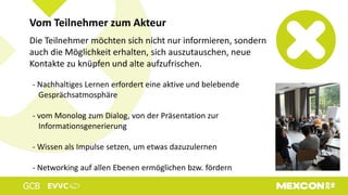 Die Teilnehmer möchten sich nicht nur informieren, sondern
auch die Möglichkeit erhalten, sich auszutauschen, neue
Kontakte zu knüpfen und alte aufzufrischen.
Vom Teilnehmer zum Akteur
- Nachhaltiges Lernen erfordert eine aktive und belebende
Gesprächsatmosphäre
- vom Monolog zum Dialog, von der Präsentation zur
Informationsgenerierung
- Wissen als Impulse setzen, um etwas dazuzulernen
- Networking auf allen Ebenen ermöglichen bzw. fördern
 
