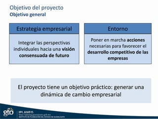 Objetivo del proyecto¿Cómo se refuerza la competitividad?Reforzar la competitividad de las empresas del sector frutas y hortalizasen GuanajuatoEstrategia empresarialEntornoFavorecer y estimular la innovación y el desarrollo de las empresasLograr que cada actor, de manera individual, innove  y mejore de forma continua para satisfacer las necesidades de sus clientes