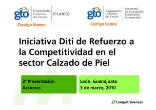 Iniciativa Diti de Refuerzo a
la Competitividad en el
sector Calzado de Piel
3ª Presentación   León, Guanajuato
Acciones          3 de marzo, 2010
 