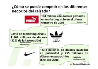 ¿Cómo se puede competir en los diferentes
negocios del calzado?
                        184 millones de dólares gastados
                        en marketing, solo en el primer
                        trimestre de 2008           Forbes.com




Gasto en Marketing 2008 =
1 764 millones de dólares
(12% de la facturación)
      Herbert Hainer
      Adidas CEO


                       143.4 millones de dólares gastados
                       en publicidad y 255 millones de
                       dólares en patrocinios TNS Media
                                              Intelligence, IEG
                       (Ene-Sep 2008)
 