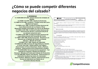 ¿Cómo se puede competir diferentes
negocios del calzado?
                          5. REFERENCIAS
   •5.1 NOM-008-SCFI-2002. Sistema General de Unidades de
                              Medida.
         •5.2 NOM-113-STPS-1994. Calzado de Protección
 •5.3 NMX-A-214-1982. Curtiduría - Pruebas Físicas del Cuero-
                       Medición de Espesor.
     •5.4 NMX-A-221-1982. Curtiduría Pruebas Químicas del
            Cuero Determinación de Las Grasas y Otros
  •Materiales Solubles Extractables con Cloruro de Metileno.
     •5.5 NMX-A-229-1982. Curtiduría-Pruebas Químicas del
      Cuero - Determinación del pH y variaciones del pH de
                   •un extracto acuoso de cuero.
     •5.6 NMX-A-230-1982. Curtiduría-Pruebas Químicas del
          Cuero-Determinación del Contenido de Cromo.
   •5.7 NMX-T-083-1984. Productos de Hule - Resistencia a la
          Abrasión por el Método del Cilindro con Banda
                  •Abrasiva - Método de Prueba.
           •5.8 NMX-S-051-1989. Zapatos de Seguridad.
   •5.9 NMX-R-55-1990. Punteras de Seguridad para Calzado.
       •5.10 ISO 1923:1981. Cellular plastics and rubbers -
     Determination of linear dimensions. (Hules y Plásticos
    •Celulares - Determinación de las Dimensiones Lineales).
  •5.11 ISO 20344:2004. Personal protective equipment - Test
           methods for footwear. (Equipo de Protección
 •Personal - Métodos de Prueba para Calzado de Protección).
  •5.12 ISO 868:2003. Plastics and ebonite - Determination of
        indentation hardness by means of a durometer -
   Shore hardness. (Plásticos y Ebonita. Determinación de la
              Dureza de Indentación por Medio de un
                    Durómetro (Dureza Shore)).
 