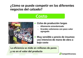 ¿Cómo se puede competir en los diferentes
negocios del calzado?

                       Costo
                        Ciclos de producción largos
                        − Altamente estandarizado
                        − Grandes volúmenes con poco valor
                          agregado

                        Muy sensible a precio de insumos:
                        uso intensivo de mano de obra a
                        bajo costo

La eficiencia se mide en millones de pares
y no en el valor del producto
 