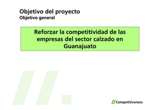 Objetivo del proyecto
Objetivo general


      Reforzar la competitividad de las
       empresas del sector calzado en
                 Guanajuato
 