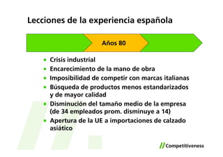 Lecciones de la experiencia española

                      Años 80

     Crisis industrial
     Encarecimiento de la mano de obra
     Imposibilidad de competir con marcas italianas
     Búsqueda de productos menos estandarizados
     y de mayor calidad
     Disminución del tamaño medio de la empresa
     (de 34 empleados prom. disminuye a 14)
     Apertura de la UE a importaciones de calzado
     asiático
 