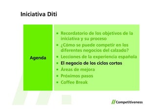 Iniciativa Diti


                  Recordatorio de los objetivos de la
                  iniciativa y su proceso
                  ¿Cómo se puede competir en los
                  diferentes negocios del calzado?
   Agenda         Lecciones de la experiencia española
                  El negocio de los ciclos cortos
                  Áreas de mejora
                  Próximos pasos
                  Coffee Break
 