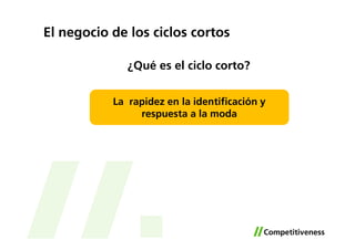 El negocio de los ciclos cortos

              ¿Qué es el ciclo corto?


           La rapidez en la identificación y
                respuesta a la moda
 