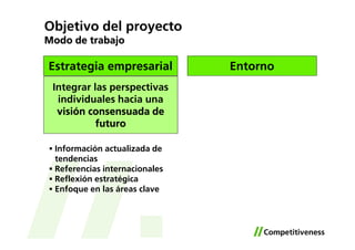 Objetivo del proyecto
Modo de trabajo

Estrategia empresarial         Entorno
 Integrar las perspectivas
  individuales hacia una
  visión consensuada de
           futuro

 Información actualizada de
 tendencias
 Referencias internacionales
 Reflexión estratégica
 Enfoque en las áreas clave
 