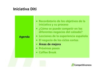 Iniciativa Diti


                  Recordatorio de los objetivos de la
                  iniciativa y su proceso
                  ¿Cómo se puede competir en los
                  diferentes negocios del calzado?
   Agenda         Lecciones de la experiencia española
                  El negocio de los ciclos cortos
                  Áreas de mejora
                  Próximos pasos
                  Coffee Break
 