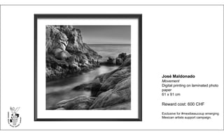 José Maldonado
Movement
Digital printing on laminated photo
paper
61 x 91 cm
Reward cost: 600 CHF
Exclusive for #mexibeaucoup emerging
Mexican artists support campaign.
 