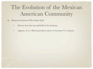 The Evolution of the Mexican
   American Community
Mexican-American War (1846-1848)

  ‣   Mexico lost the war and half of its territory

  ‣   Approx. 6000 Mexicans had to move or become U.S. citizens
 