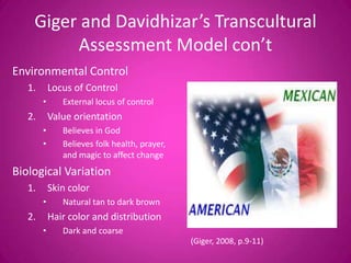 Giger and Davidhizar’s Transcultural
         Assessment Model con’t
Environmental Control
   1.       Locus of Control
        •      External locus of control
   2.       Value orientation
        •      Believes in God
        •      Believes folk health, prayer,
               and magic to affect change
Biological Variation
   1.       Skin color
        •      Natural tan to dark brown
   2.       Hair color and distribution
        •      Dark and coarse
                                               (Giger, 2008, p.9-11)
 
