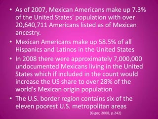 • As of 2007, Mexican Americans make up 7.3%
  of the United States' population with over
  20,640,711 Americans listed as of Mexican
  ancestry.
• Mexican Americans make up 58.5% of all
  Hispanics and Latinos in the United States
• In 2008 there were approximately 7,000,000
  undocumented Mexicans living in the United
  States which if included in the count would
  increase the US share to over 28% of the
  world's Mexican origin population
• The U.S. border region contains six of the
  eleven poorest U.S. metropolitan areas
                          (Giger, 2008, p.242)
 