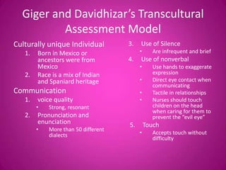 Giger and Davidhizar’s Transcultural
          Assessment Model
Culturally unique Individual         3.   Use of Silence
   1.   Born in Mexico or                 •     Are infrequent and brief
        ancestors were from          4.   Use of nonverbal
        Mexico                            •     Use hands to exaggerate
   2.   Race is a mix of Indian                 expression
        and Spaniard heritage             •     Direct eye contact when
                                                communicating
Communication                             •     Tactile in relationships
   1.   voice quality                     •     Nurses should touch
        •   Strong, resonant                    children on the head
                                                when caring for them to
   2.   Pronunciation and                       prevent the “evil eye”
        enunciation                  5.       Touch
        •   More than 50 different
            dialects                      •     Accepts touch without
                                                difficulty
 