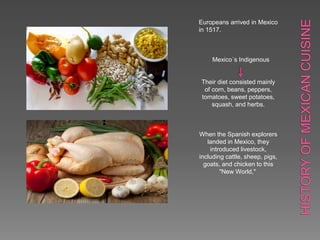 Europeans arrived in Mexico
in 1517.
Mexico´s Indigenous
Their diet consisted mainly
of corn, beans, peppers,
tomatoes, sweet potatoes,
squash, and herbs.
When the Spanish explorers
landed in Mexico, they
introduced livestock,
including cattle, sheep, pigs,
goats, and chicken to this
"New World,"
 