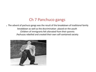 Ch 7 Panchuco gangs . The advent of pachuco gangs was the result of the breakdown of traditional family breakdown as well as the discrimination  placed on the youth.Children of immigrants felt alienated from their parents.Pachucos rebelled and created their own self-contained society 