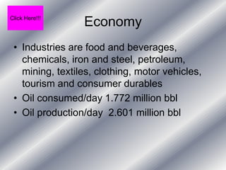 Click Here!!!
                 Economy
 • Industries are food and beverages,
   chemicals, iron and steel, petroleum,
   mining, textiles, clothing, motor vehicles,
   tourism and consumer durables
 • Oil consumed/day 1.772 million bbl
 • Oil production/day 2.601 million bbl
 