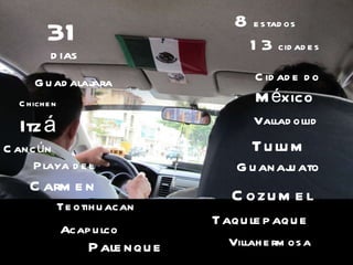 31 DIAS Cidade do  México  Teotihuacan Guanajuato Guadalajara Taqulepaque Palenque Valladollid Playa del  Carmen Cozumel Chichen   Itzá Cancún Tulum 8  estados Villahermosa 13  cidades Acapulco 