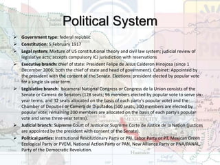 Major Cities: The Greater Mexico City metropolitan area, Ecatepec de Morelos (1.8 million residents), Netzahualcoyotl (1.2 million), Guadalajara (1.6 million), Puebla (1.3 million), Ciudad Juarez (1.2 million), Tijuana (1.1 million), and Monterrey
