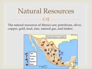 
The natural resources of Mexico are; petroleum, silver,
copper, gold, lead, zinc, natural gas, and timber.
Natural Resources
 