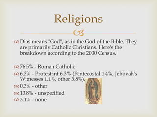 
 Dios means "God", as in the God of the Bible. They
are primarily Catholic Christians. Here's the
breakdown according to the 2000 Census.
 76.5% - Roman Catholic
 6.3% - Protestant 6.3% (Pentecostal 1.4%, Jehovah's
Witnesses 1.1%, other 3.8%),
 0.3% - other
 13.8% - unspecified
 3.1% - none
Religions
 