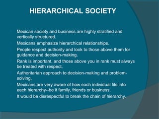 HIERARCHICAL SOCIETY








Mexican society and business are highly stratified and
vertically structured.
Mexicans emphasize hierarchical relationships.
People respect authority and look to those above them for
guidance and decision-making.
Rank is important, and those above you in rank must always
be treated with respect.
Authoritarian approach to decision-making and problemsolving.
Mexicans are very aware of how each individual fits into
each hierarchy--be it family, friends or business.
It would be disrespectful to break the chain of hierarchy.

 