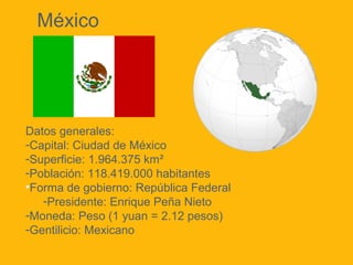México

Datos generales:
-Capital: Ciudad de México
-Superficie: 1.964.375 km²
-Población: 118.419.000 habitantes
•Forma de gobierno: República Federal
-Presidente: Enrique Peña Nieto
-Moneda: Peso (1 yuan = 2.12 pesos)
-Gentilicio: Mexicano

 