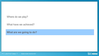 Nestlé Investor Seminar 2014June 3rd & 4th, Boston
Where do we play?
What have we achieved?
What are we going to do?
19
 