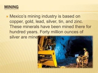 MINING 
 Mexico’s mining industry is based on 
copper, gold, lead, silver, tin, and zinc. 
These minerals have been mined there for 
hundred years. Forty million ounces of 
silver are mined each year. 
 
