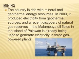 MINING 
 The country is rich with mineral and 
geothermal energy resources. In 2003, it 
produced electricity from geothermal 
sources, and a recent discovery of natural 
gas reserves in the Malampaya oil fields in 
the island of Palawan is already being 
used to generate electricity in three gas-powered 
plants. 
 