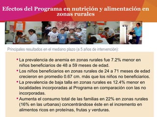Efectos del Programa en nutrición y alimentación en
zonas rurales
 La prevalencia de anemia en zonas rurales fue 7.2% menor en
niños beneficiarios de 48 a 59 meses de edad.
 Los niños beneficiarios en zonas rurales de 24 a 71 meses de edad
crecieron en promedio 0.67 cm. más que los niños no beneficiarios.
 La prevalencia de baja talla en zonas rurales es 12.4% menor en
localidades incorporadas al Programa en comparación con las no
incorporadas.
 Aumenta el consumo total de las familias en 22% en zonas rurales
(16% en las urbanas) concentrándose éste en el incremento en
alimentos ricos en proteínas, frutas y verduras.
Principales resultados en el mediano plazo (a 5 años de intervención):
 