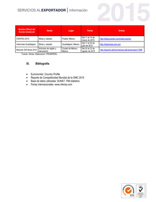 Nombre Oficial del
Evento Comercial
Sector Lugar Fecha Enlace
EXINTEX 2015 Moda y calzado Puebla. México
Del 11 al 14 de
marzo de 2015
http://www.exintex.com/index.php/es/
Intermoda Guadalajara Moda y calzado Guadalajara, México
Del 17 al 20 de
julio de 2015
http://intermoda.com.mx/
Mexican Gift Show 2015
Artículos de regalo y
decoración
Ciudad de México,
México
Del 20 al 23 de
agosto de 2015
http://expomx.all.biz/mexican-gift-show-expo11906
Fuente: nferias Elaboración: PROMPERU
XI. Bibliografía
 Euromonitor: Country Profile
 Reporte de Competitividad Mundial de la OMC 2015
 Base de datos utilizadas: SUNAT, FMI statistics
 Ferias internacionales: www.nferias.com
 